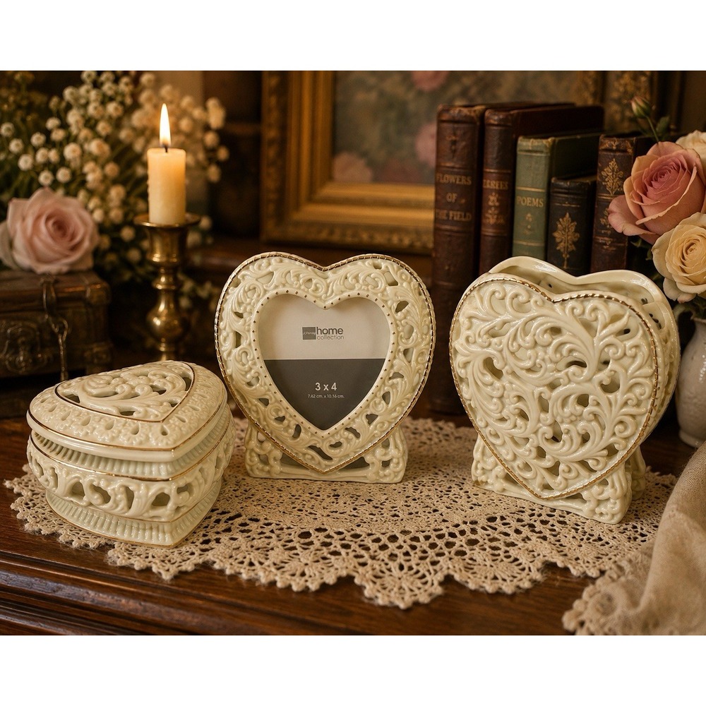 JCPenney Home Collection Heart Porcelain Gift Set Frame Vase Box NIB
